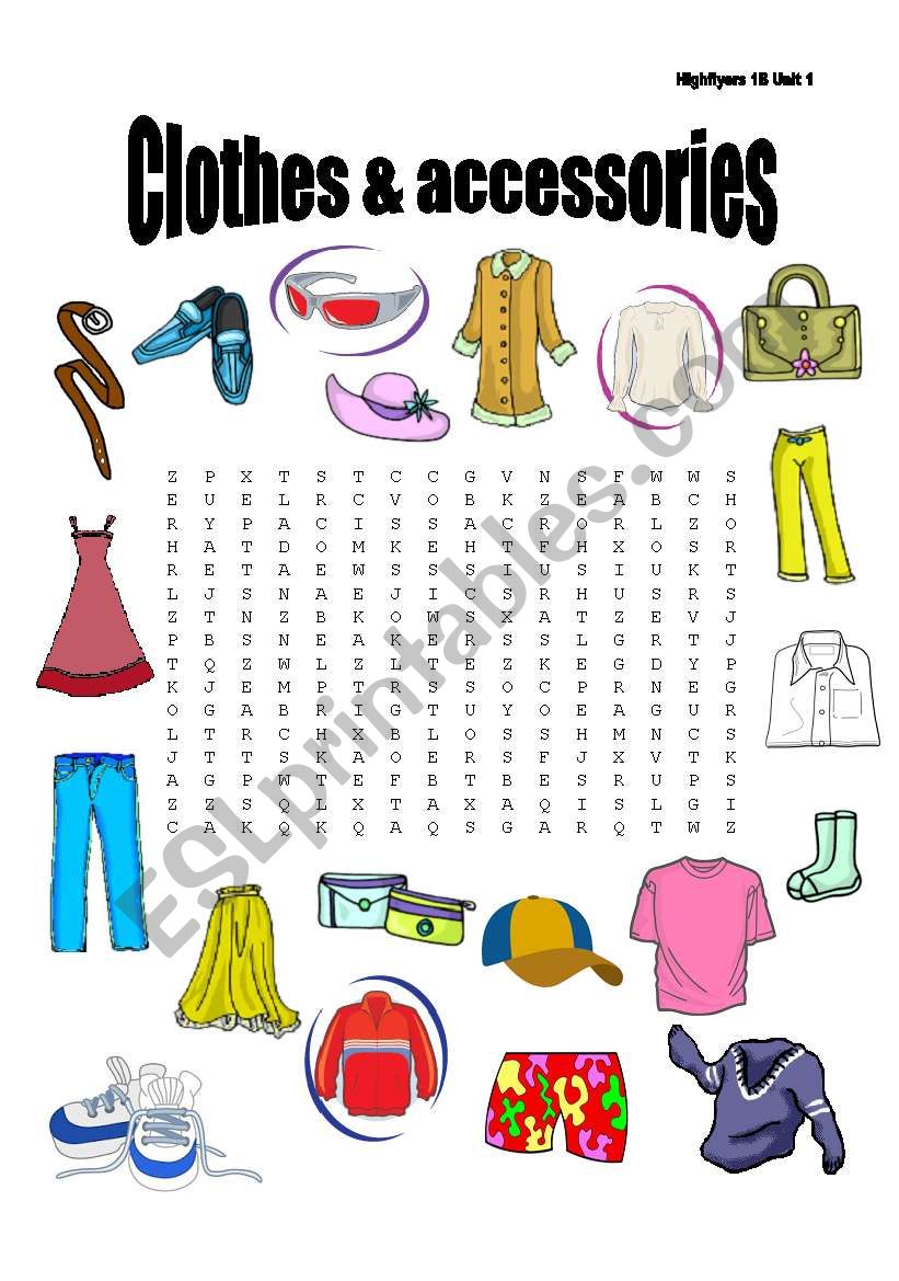 Clothes and accessories wordsearch