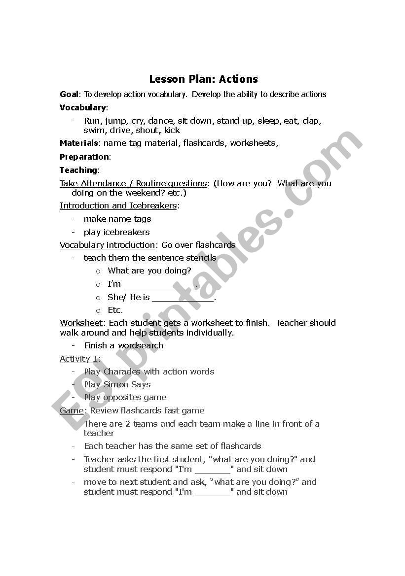 Actions lesson plan worksheet
