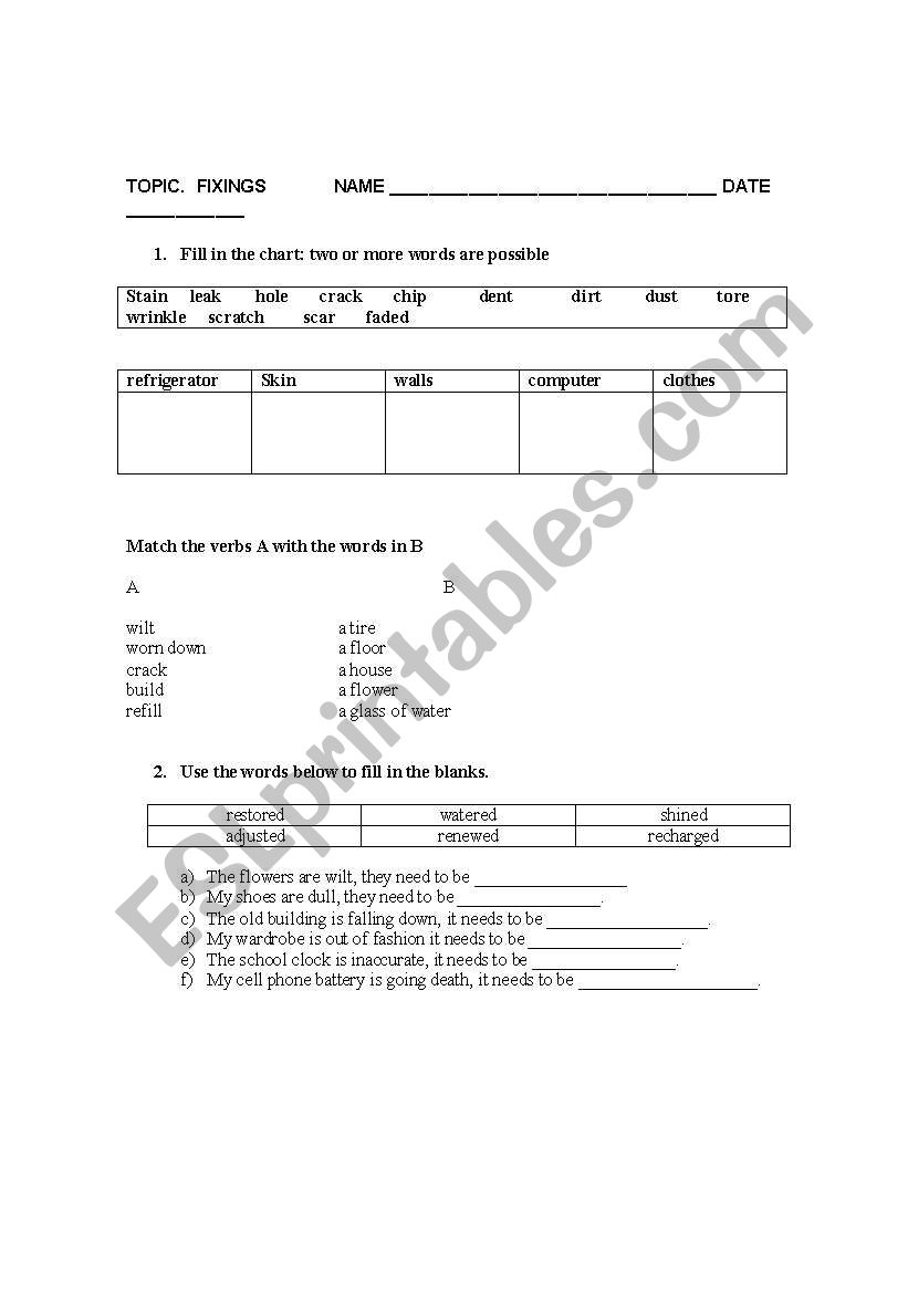 FIXINGS worksheet
