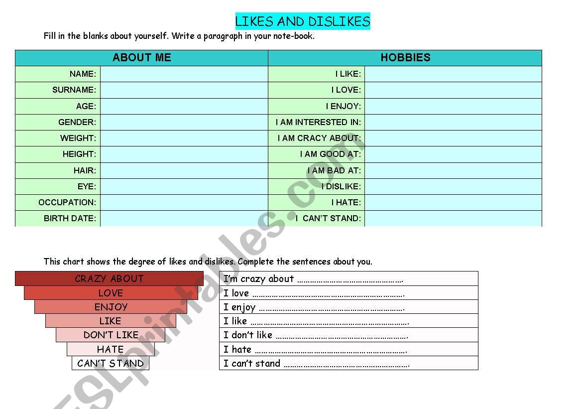 LIKES AND DISLIKES worksheet