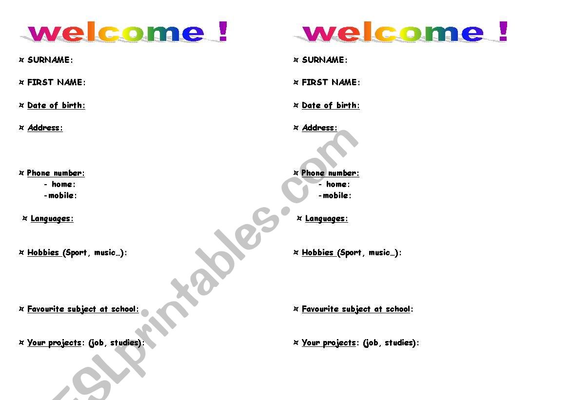 welcome !  worksheet