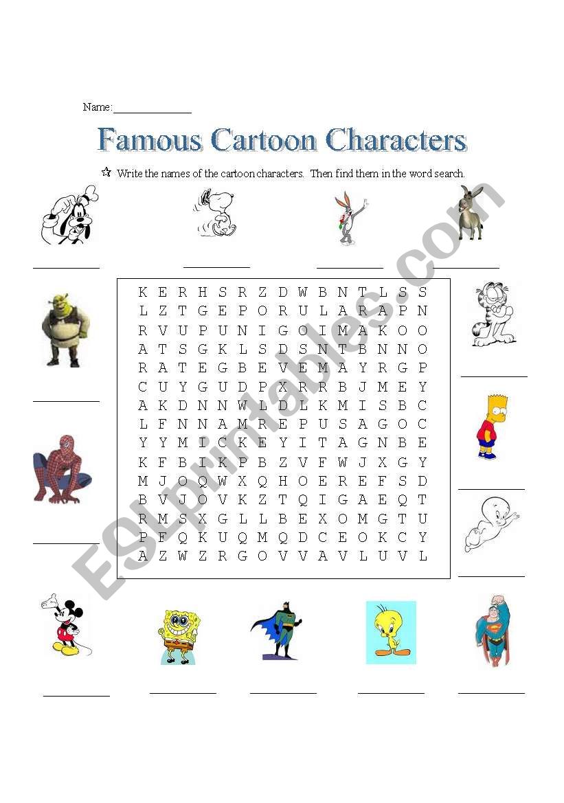 famous cartoon characters esl worksheet by brsoc11