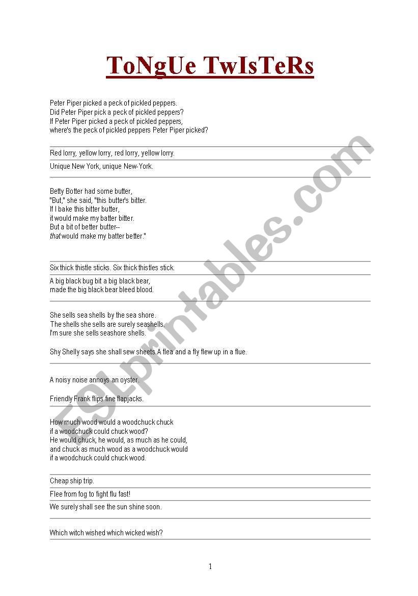 English tongue twisters worksheet