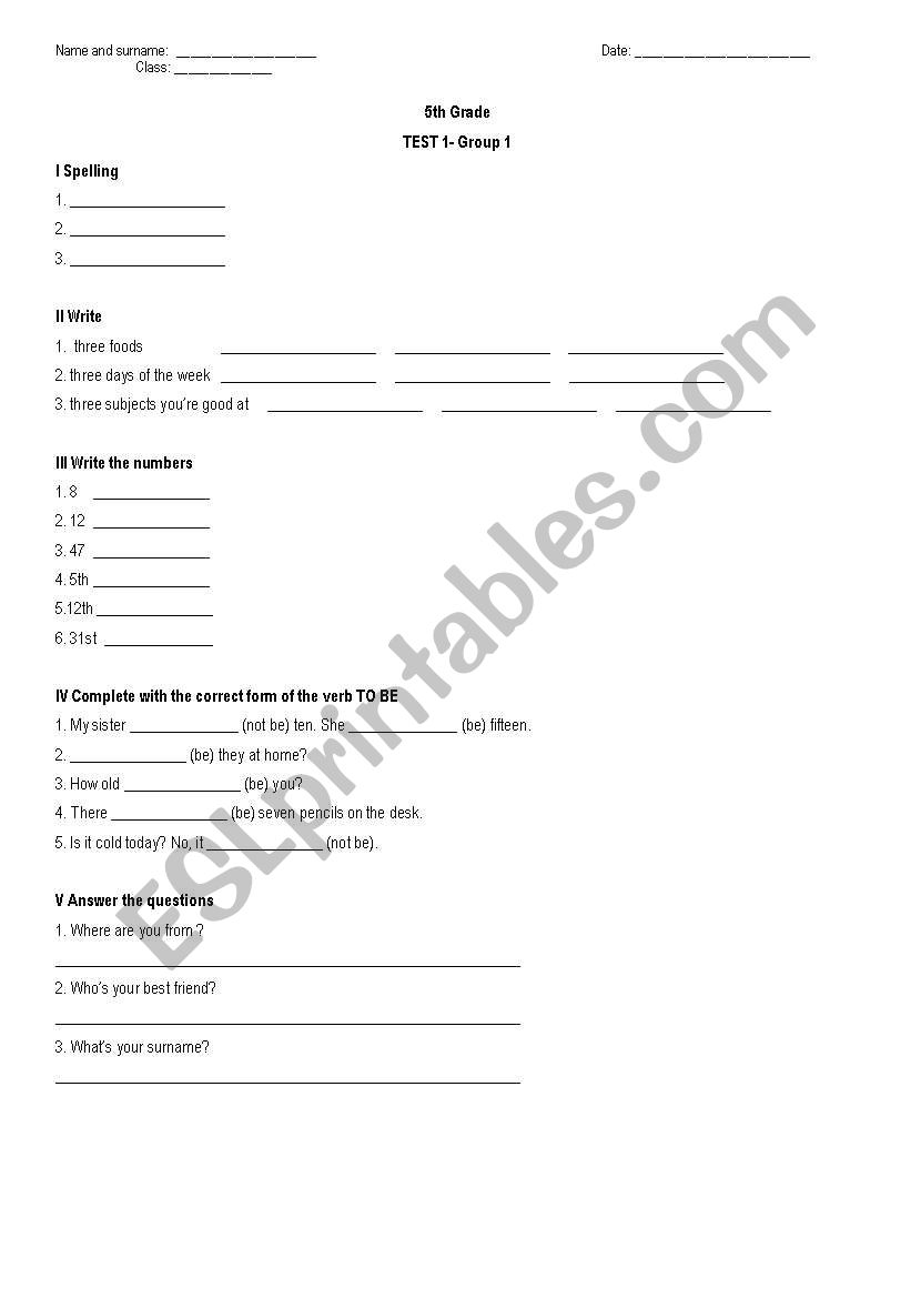 5th grade- Test1 (Group 1) worksheet