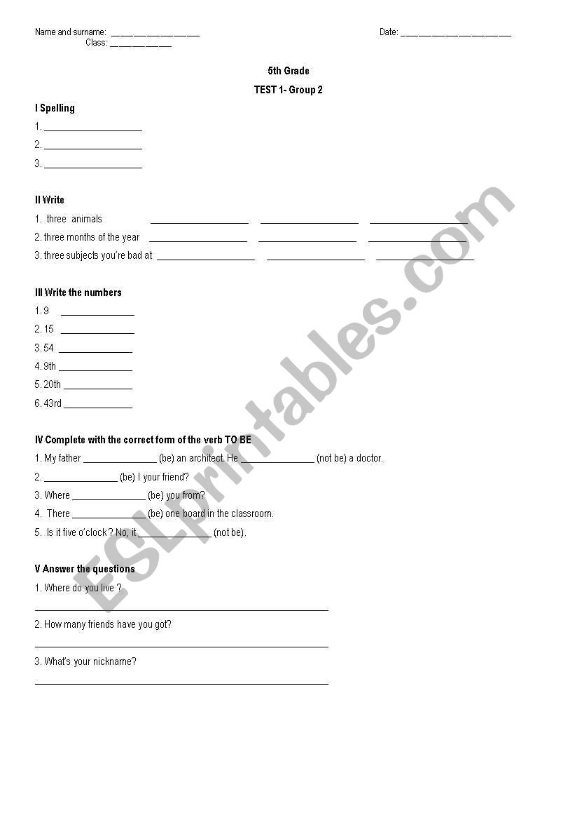 5th grade- Test1 (Group 2) worksheet