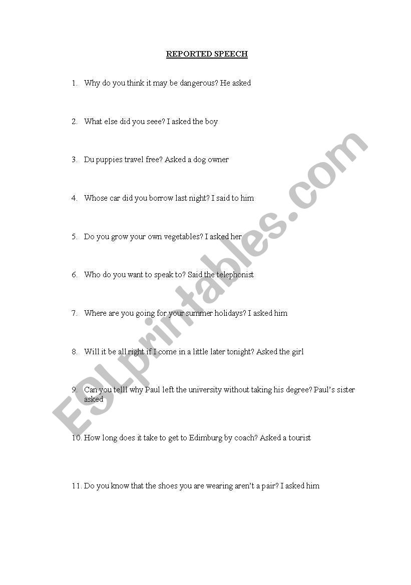 Reported Speech worksheet