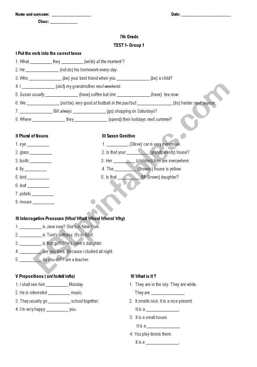 7th Grade - Test 1(Group 1) worksheet