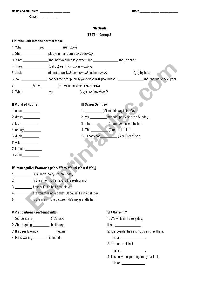 7th Grade - Test 1(Group 2) worksheet