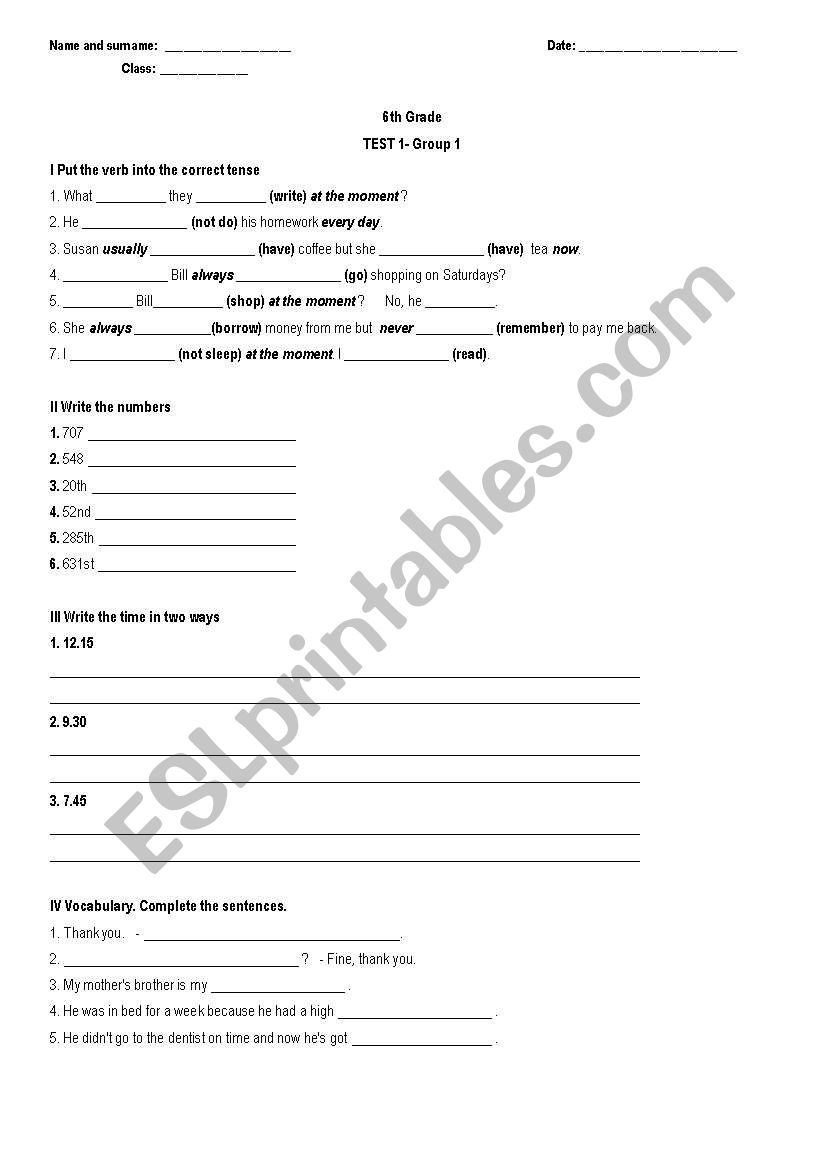 6th Grade- Test 1 (Group1) worksheet