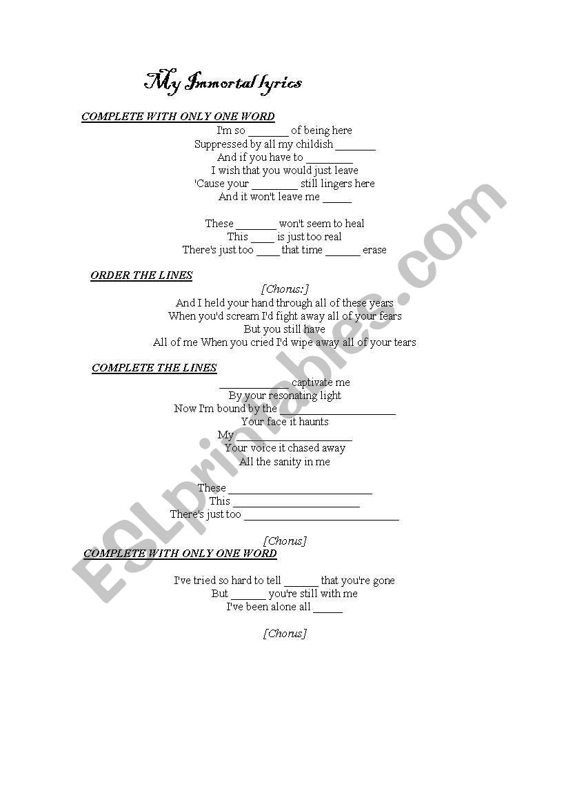 My immortal- Evanescence worksheet