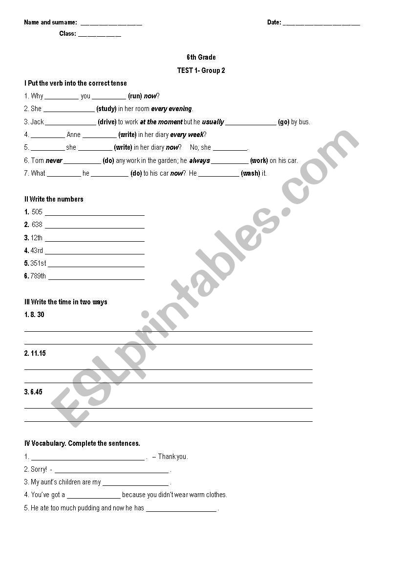 6th Grade- Test 1 (Group2) worksheet