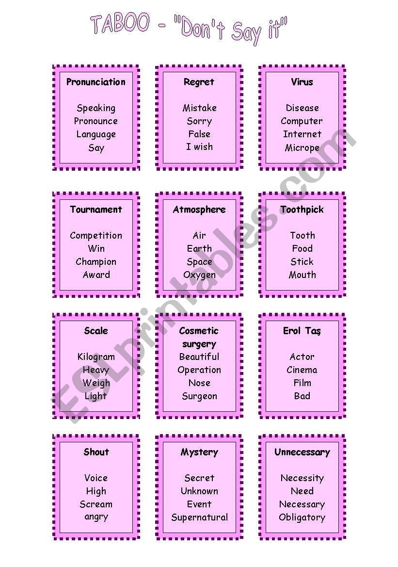 TABOO - dont say it!- game worksheet