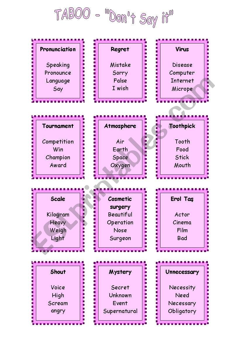 TABOO - donÂ´t say it!- game worksheet