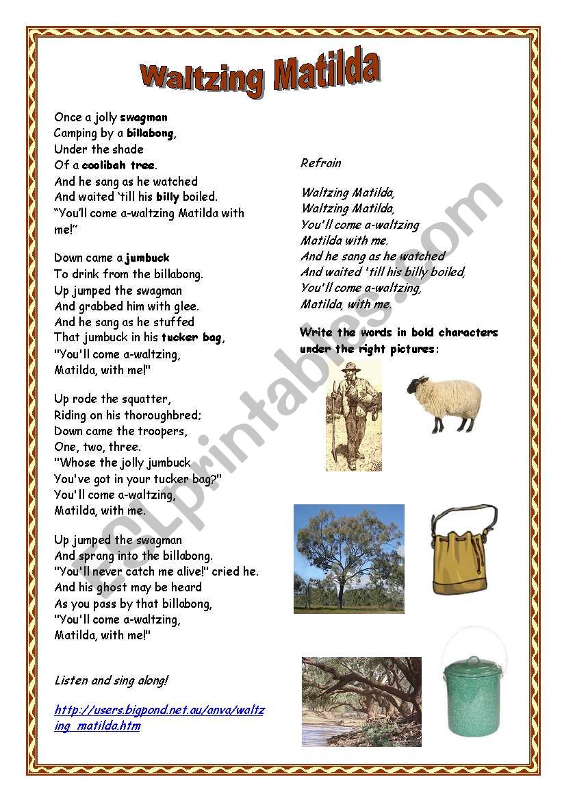 Waltzing Matilda worksheet