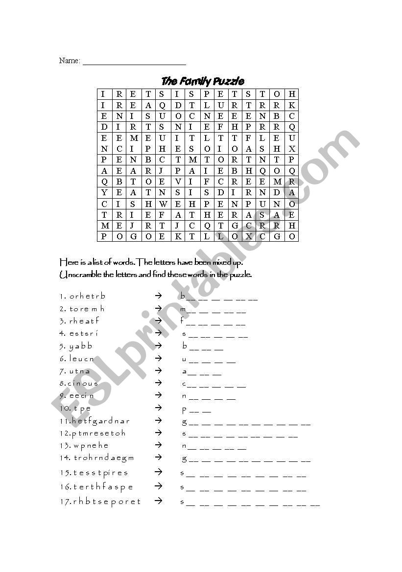family find a word puzzle worksheet