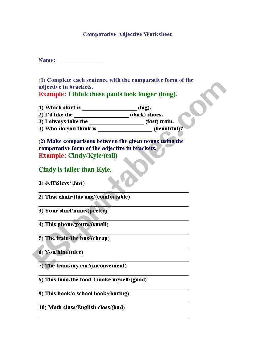 Comparative Adjective Worksheet 