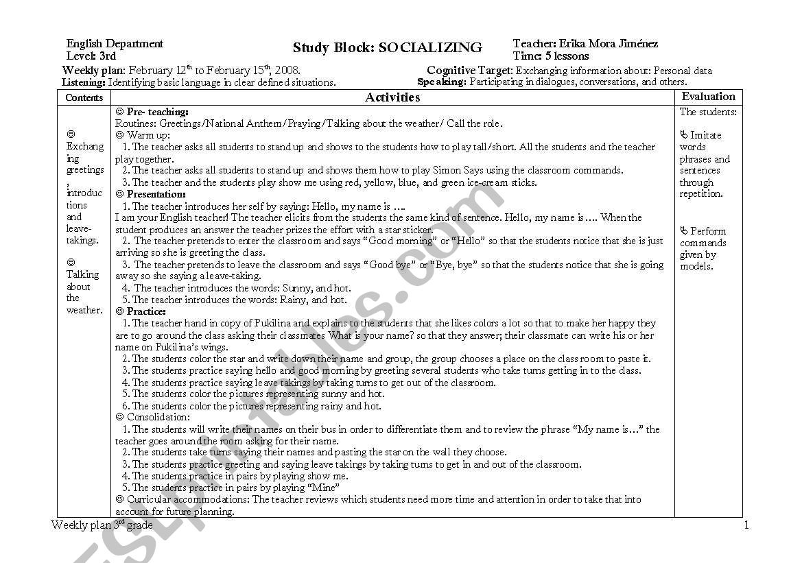 Socializing first class worksheet