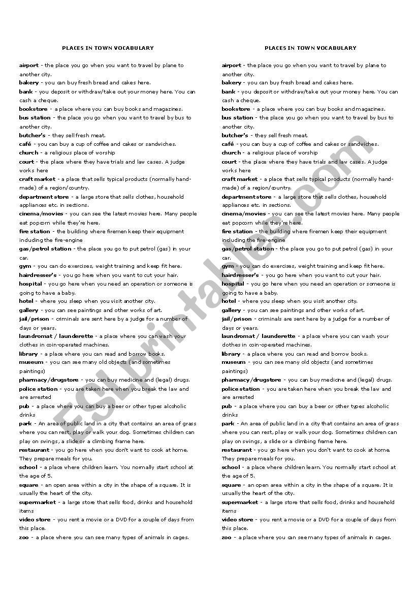 PLACES IN TOWN VOCABULARY worksheet