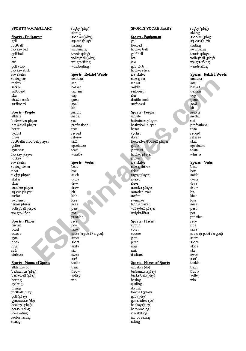 SPORTS VOCABULARY worksheet