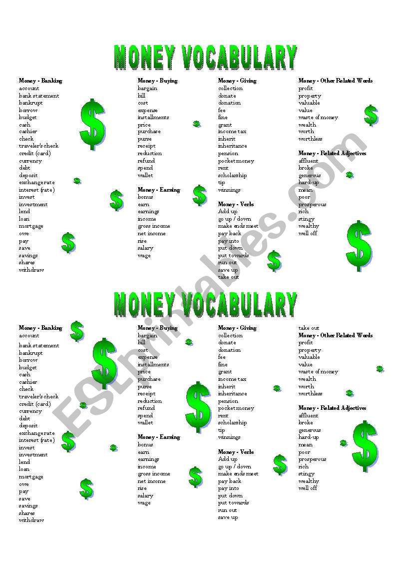 MONEY VOCABULARY worksheet