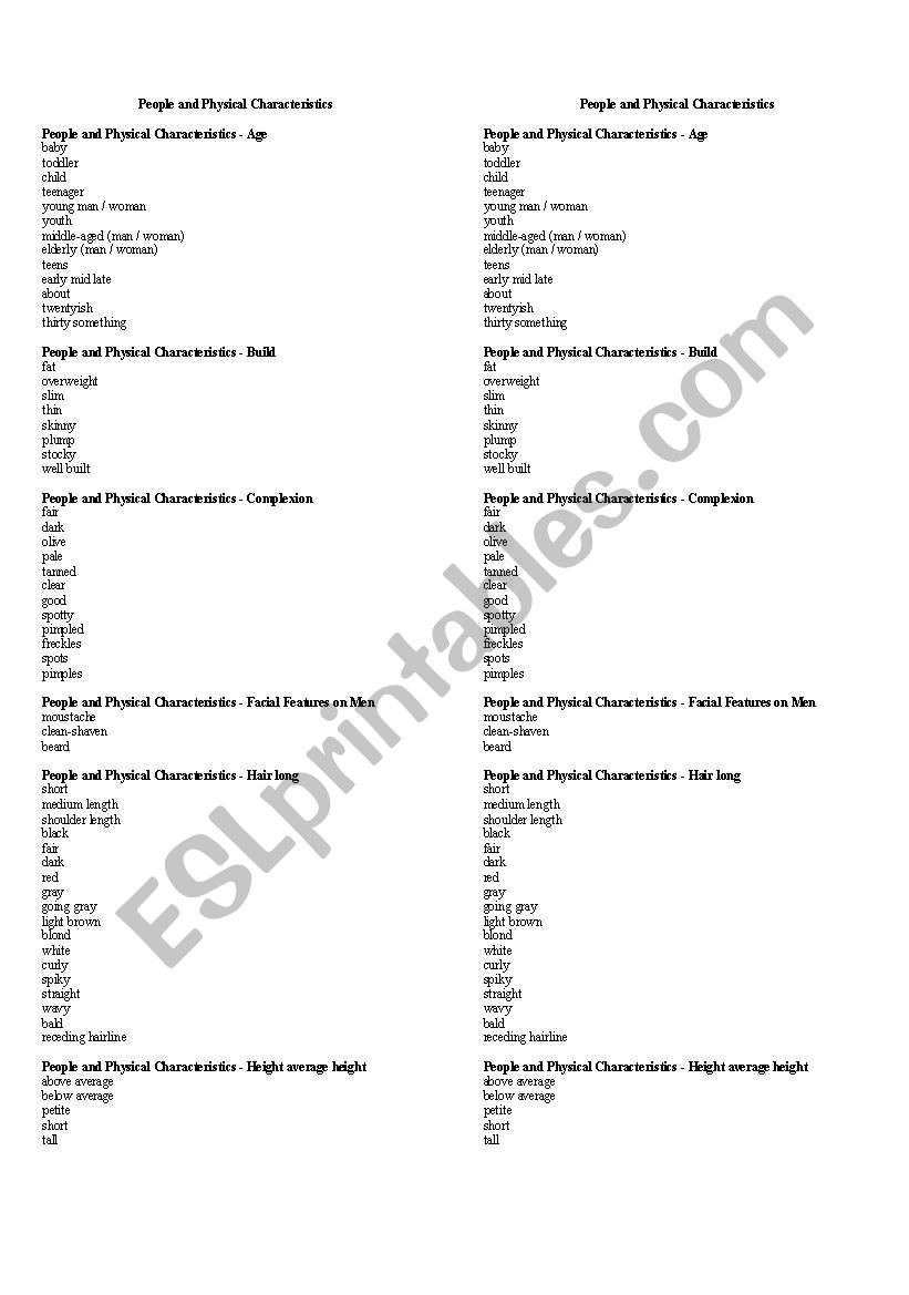 People and Physical Characteristics VOCABULARY