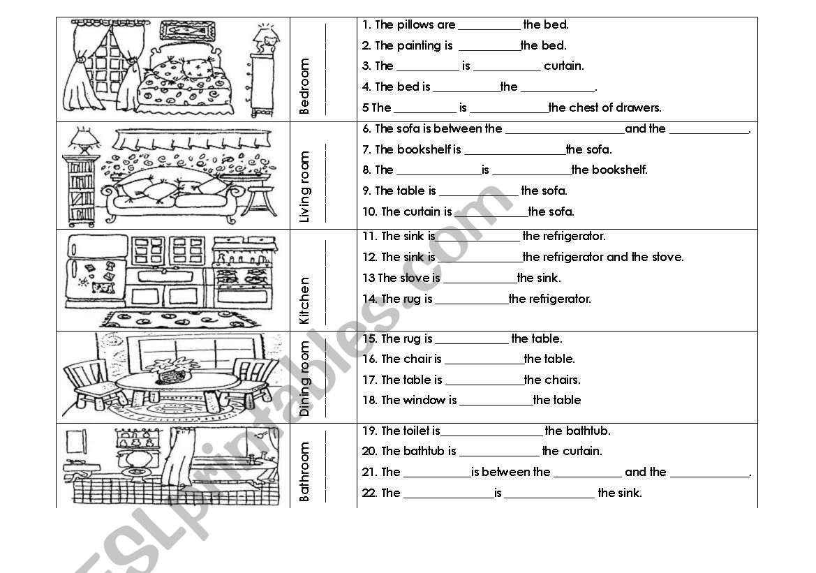 home rooms and prepositions worksheet