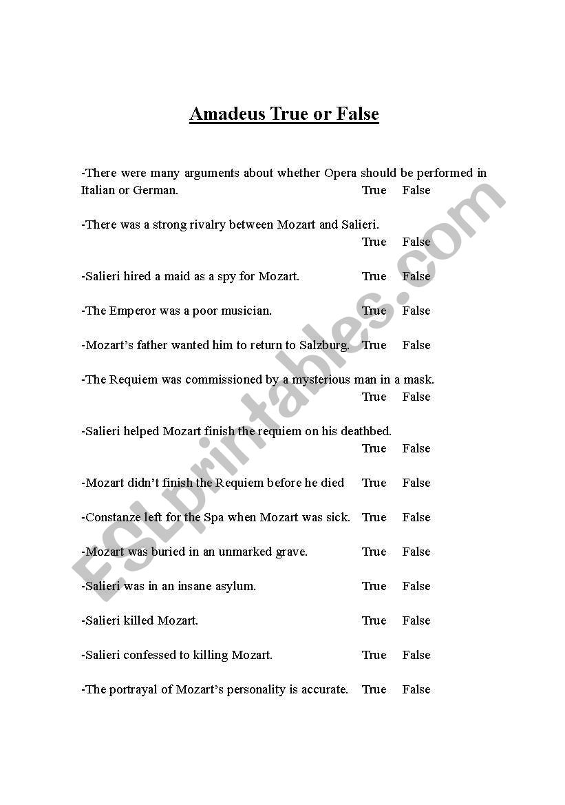 Amadeus True or False worksheet