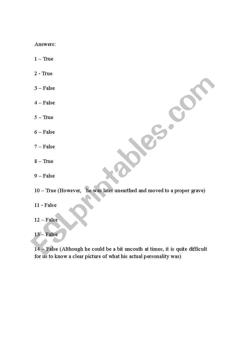 English Worksheets Amadeus True Or False