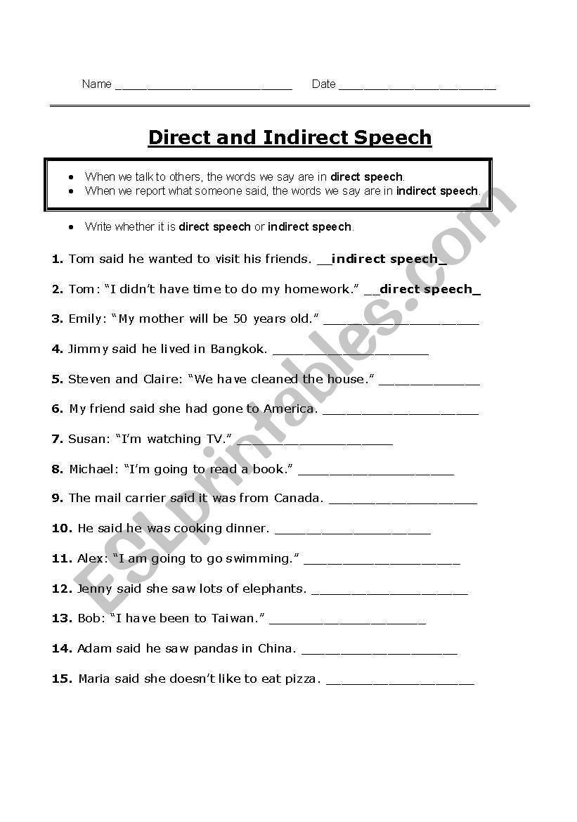 direct and indirect speech worksheets 6th grade
