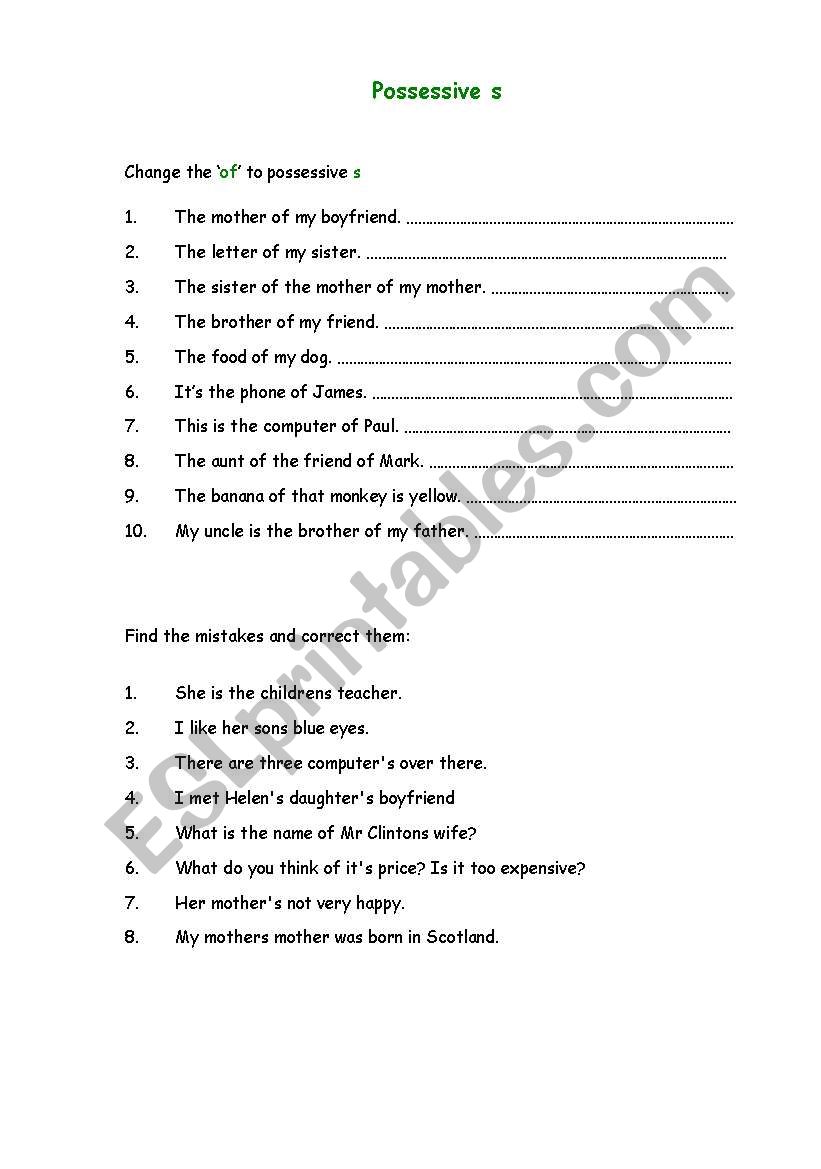 Possessive s worksheet