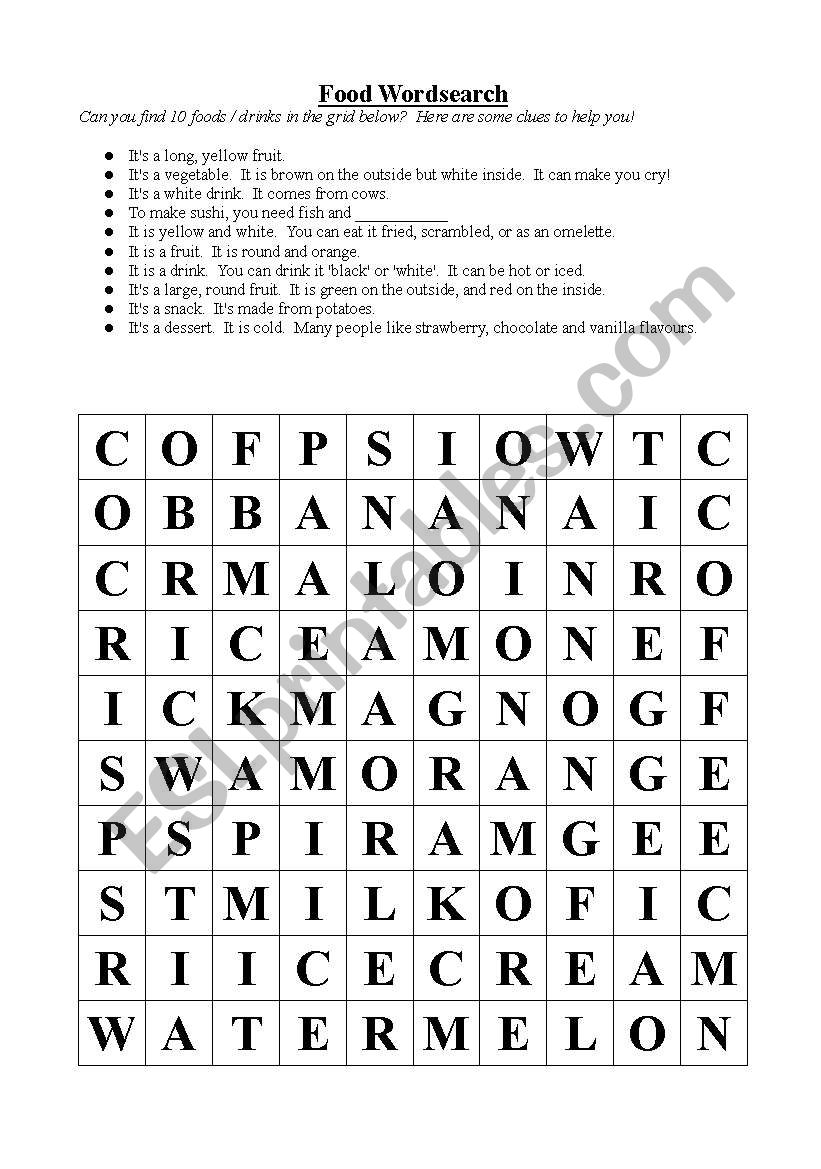 Food Wordsearch worksheet