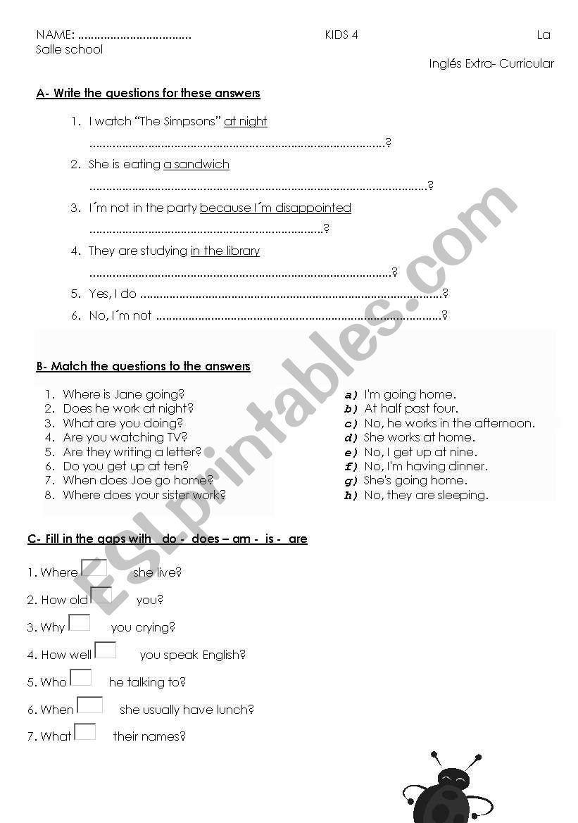 Questions test worksheet