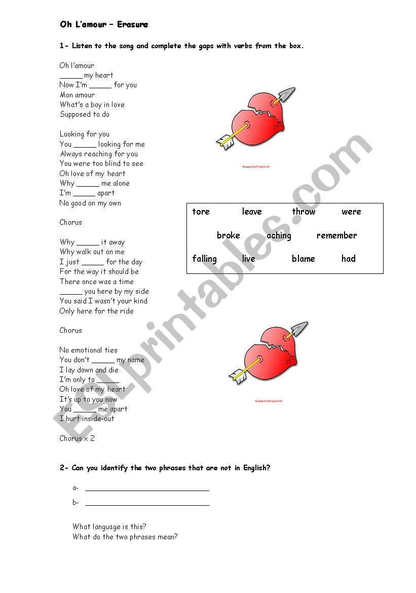 Oh Lamour - Erasure Song worksheet