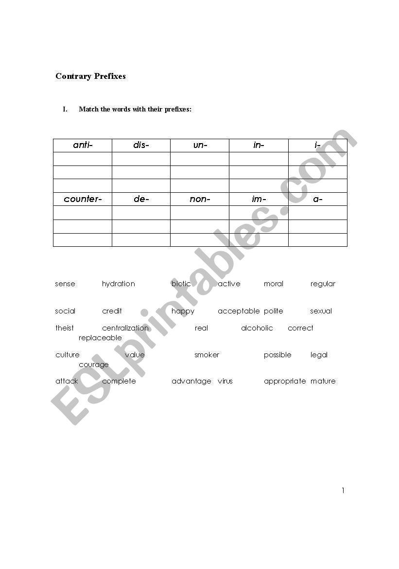 Prefixes exercise worksheet