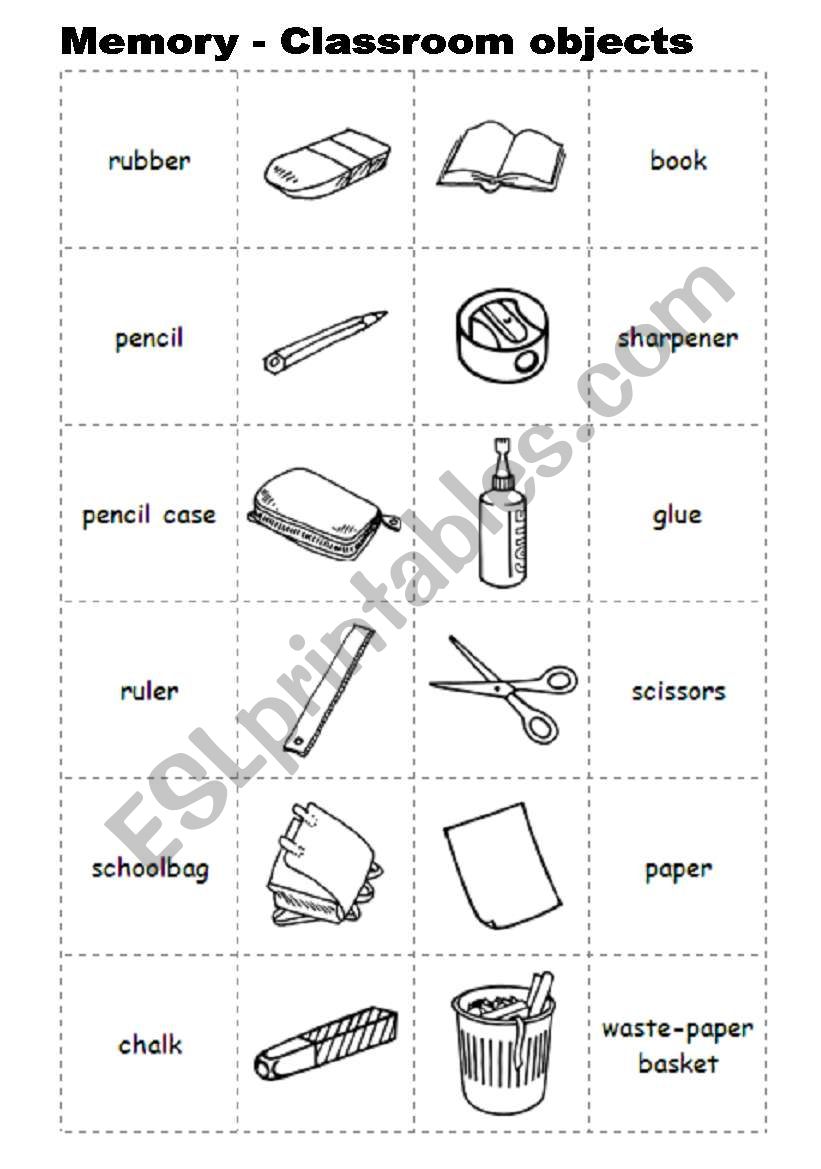Memory with classroom objects worksheet