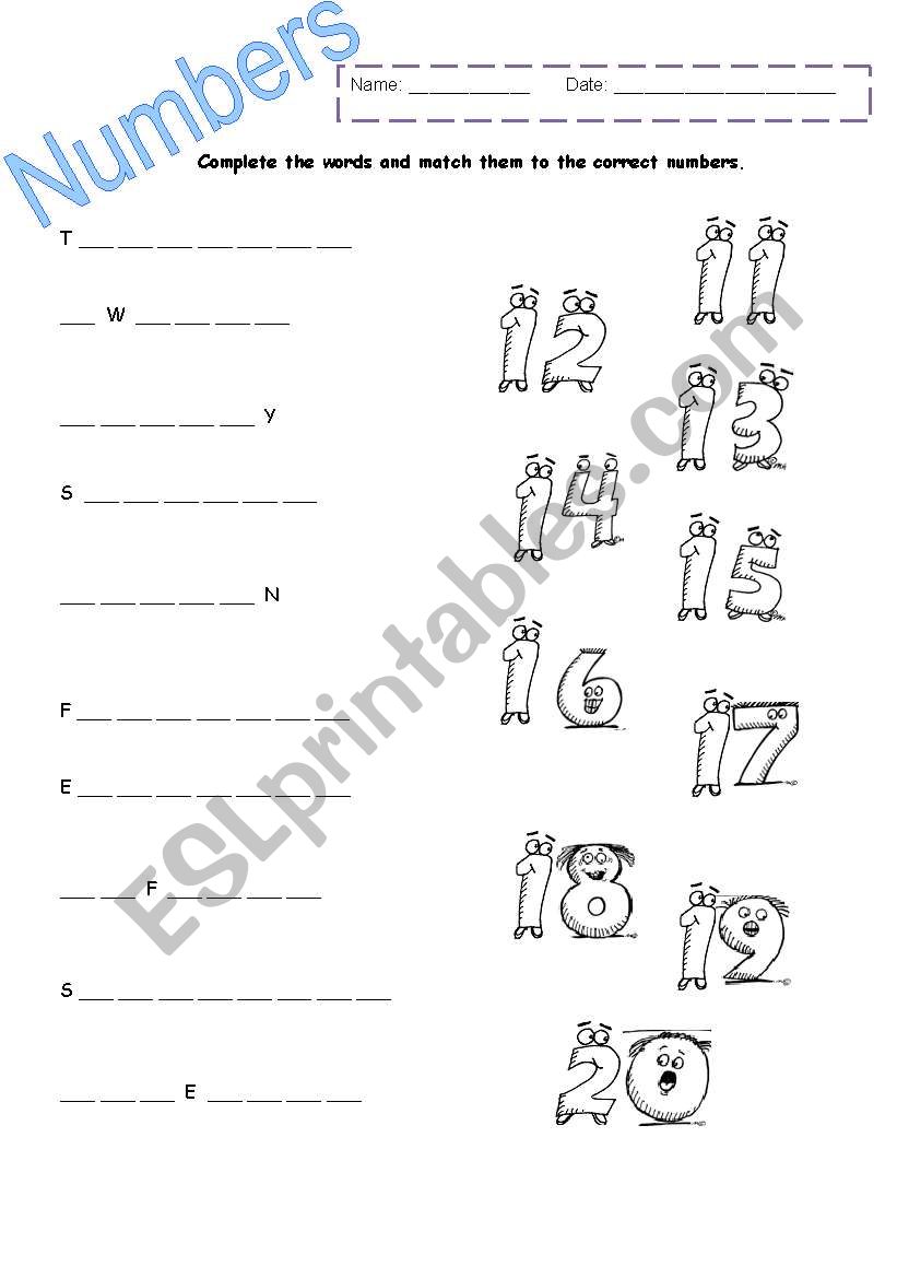 Numbers matching worksheet