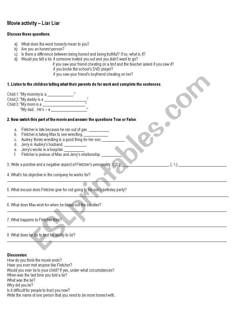 Honesty - Movie Liar Liar worksheet