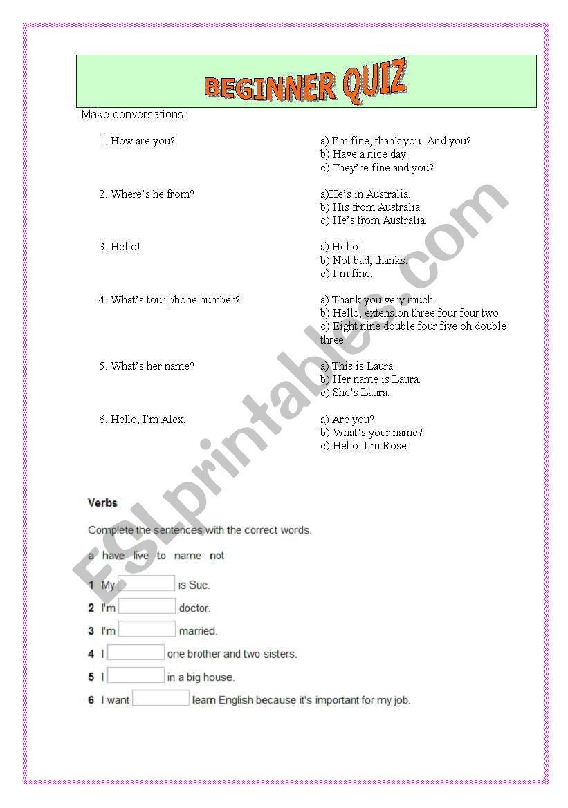Beginner conversation quiz worksheet