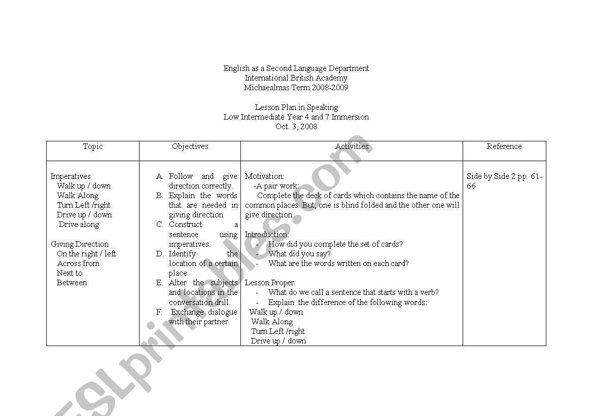 Lesson plan about Imperatives worksheet