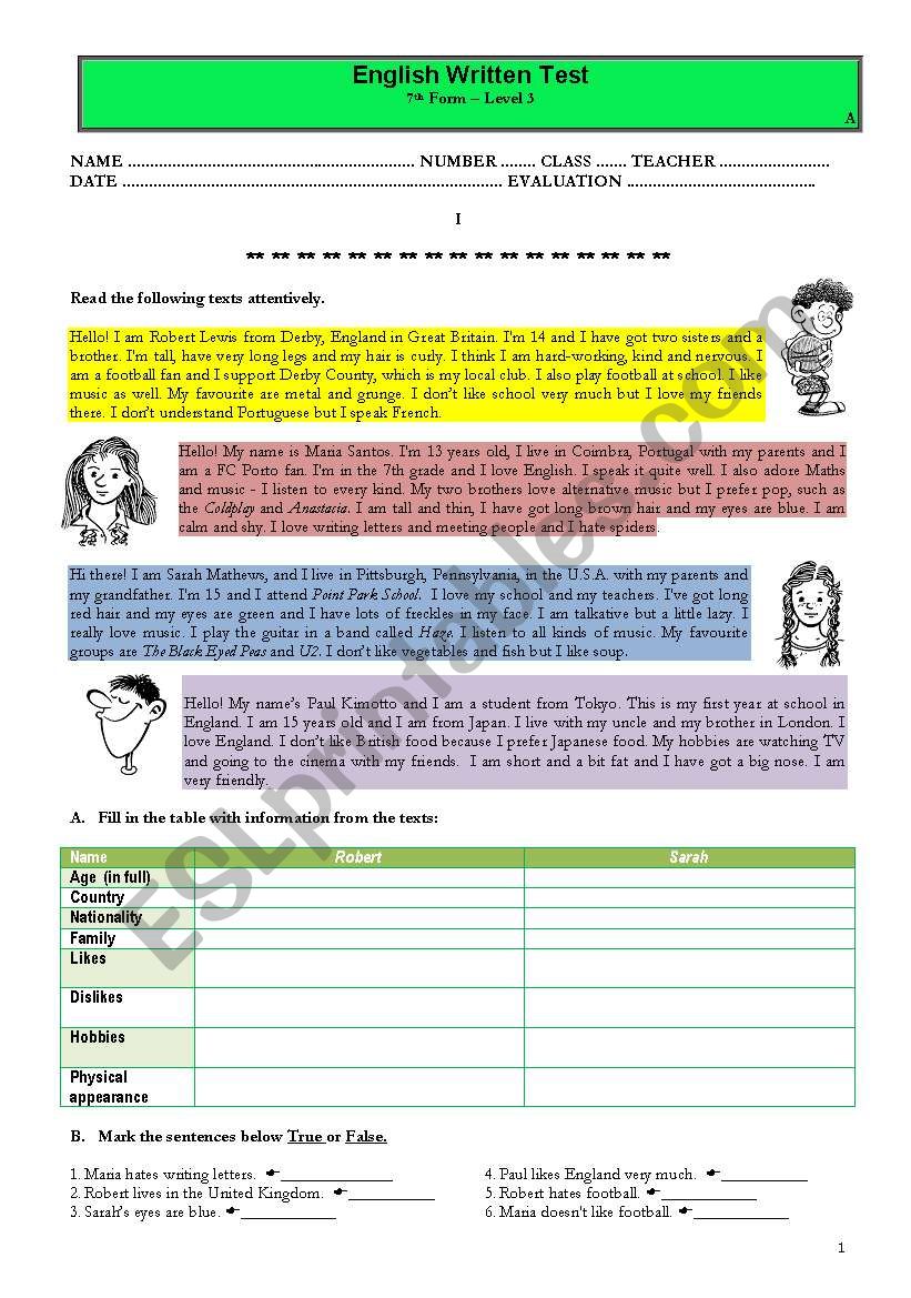 Test - introducing and describing people -A