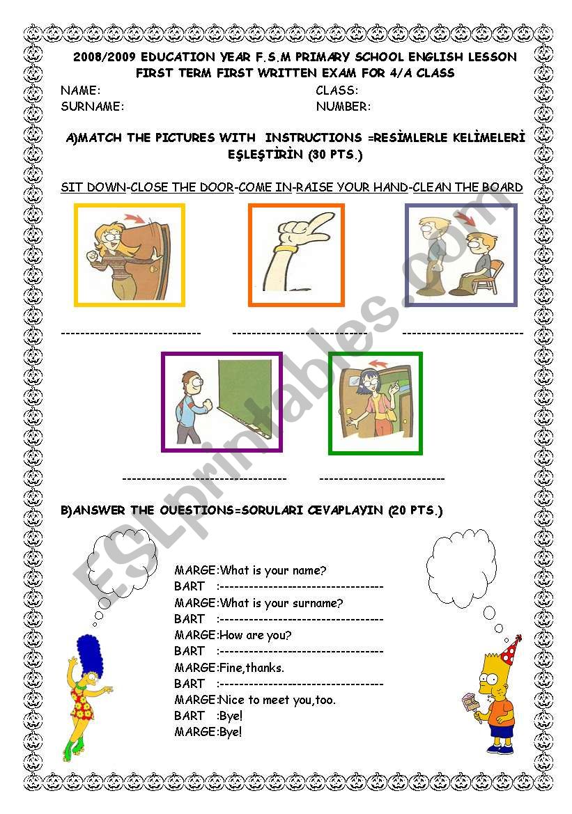 exam for 4th grades worksheet