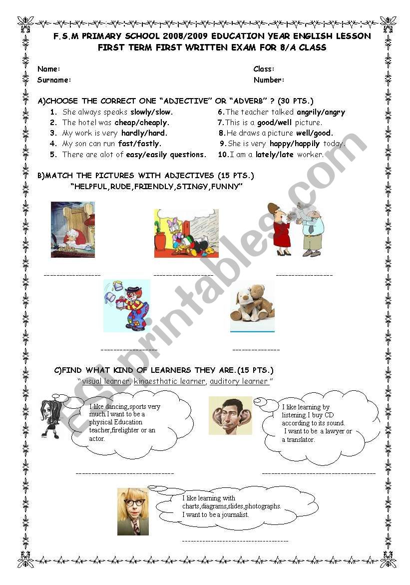 exam for 8th grades worksheet