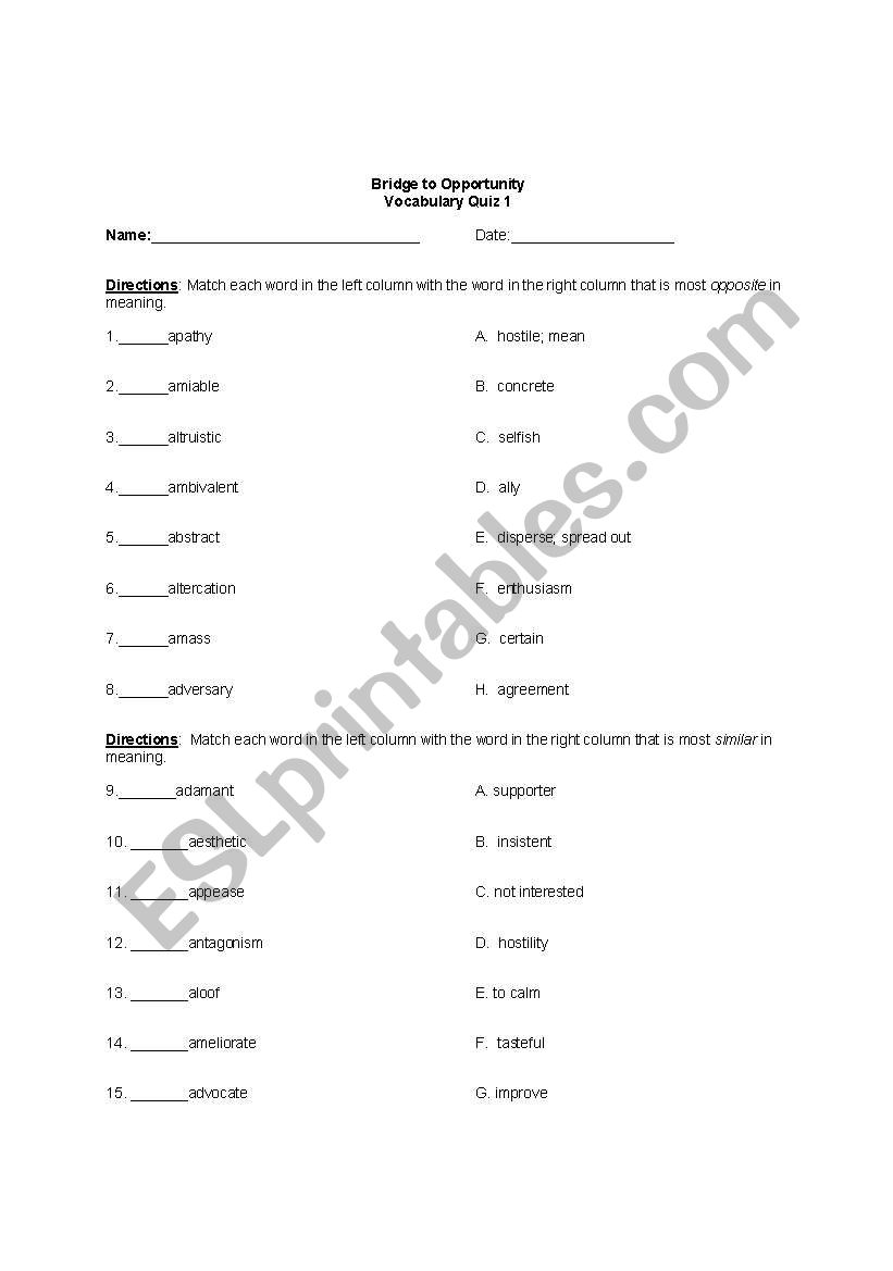 Academic Vocabulary Quiz 1 worksheet