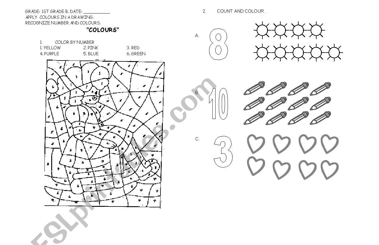 Colours and numbers 1st grade worksheet