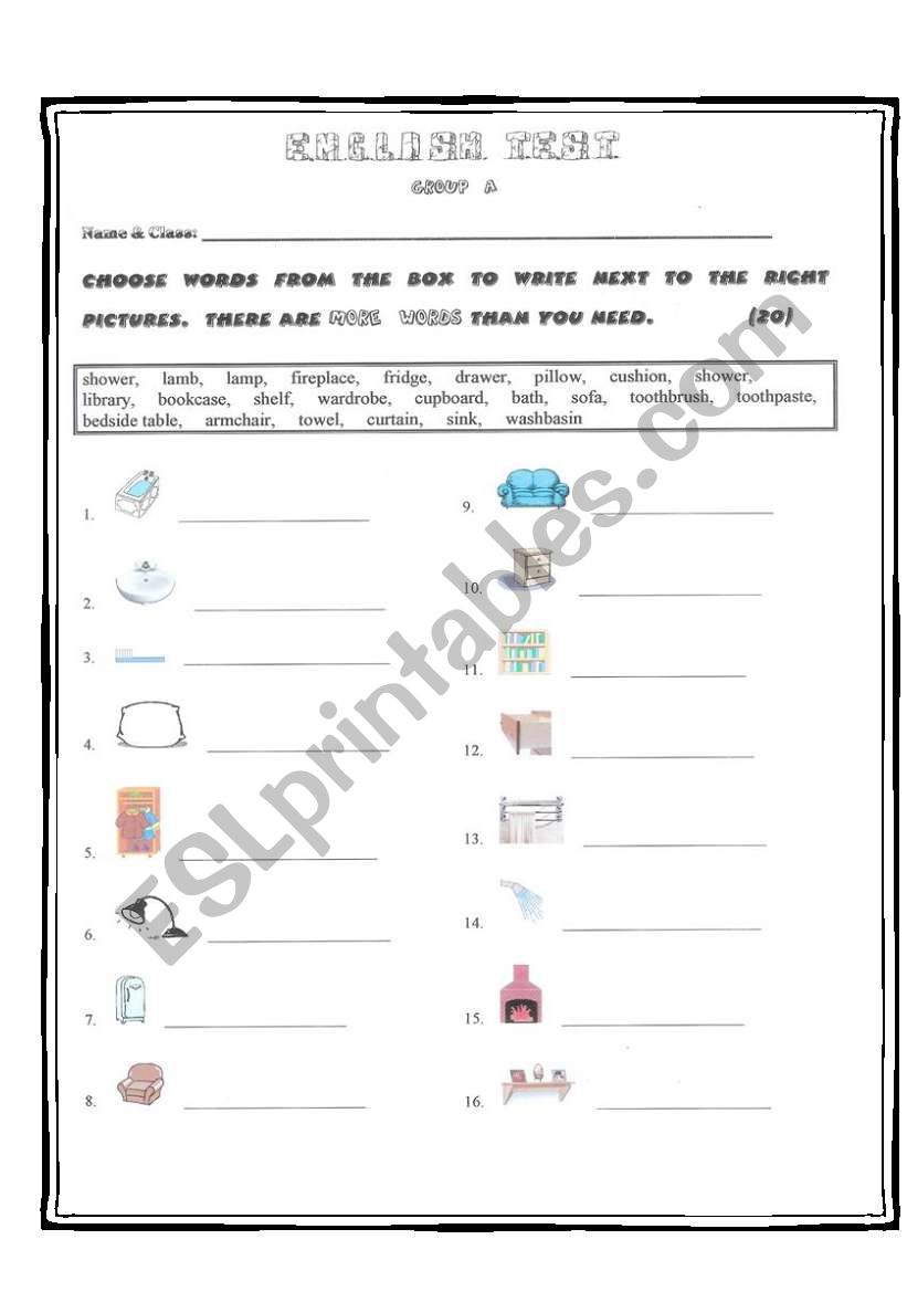 Quiz on Furniture items - Group A