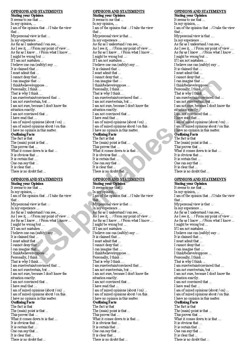 OPINIONS AND STATEMENTS worksheet