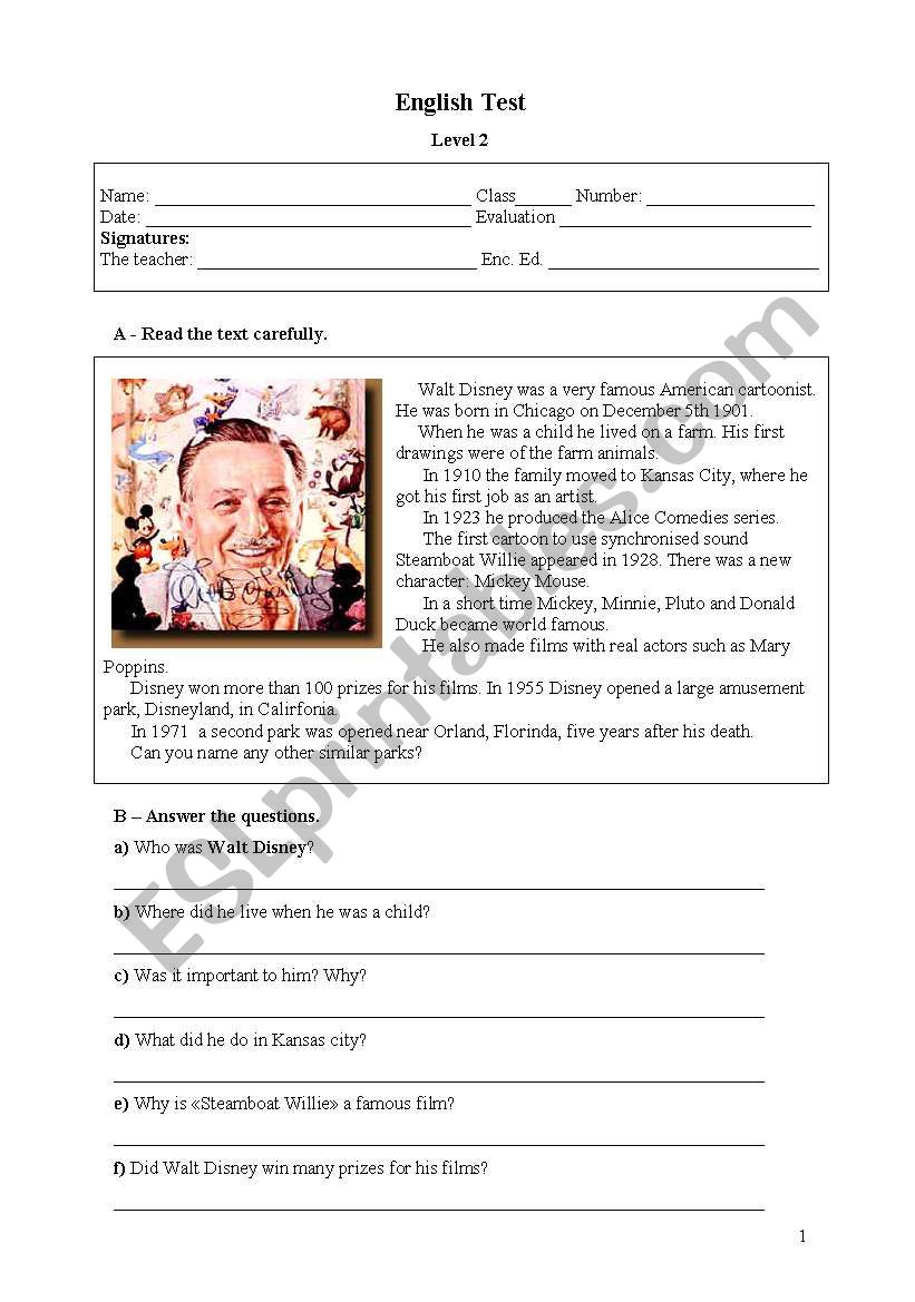 Walt Disneys life worksheet