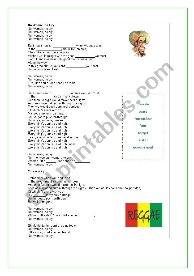 No woman no cry - Bob Marley worksheet