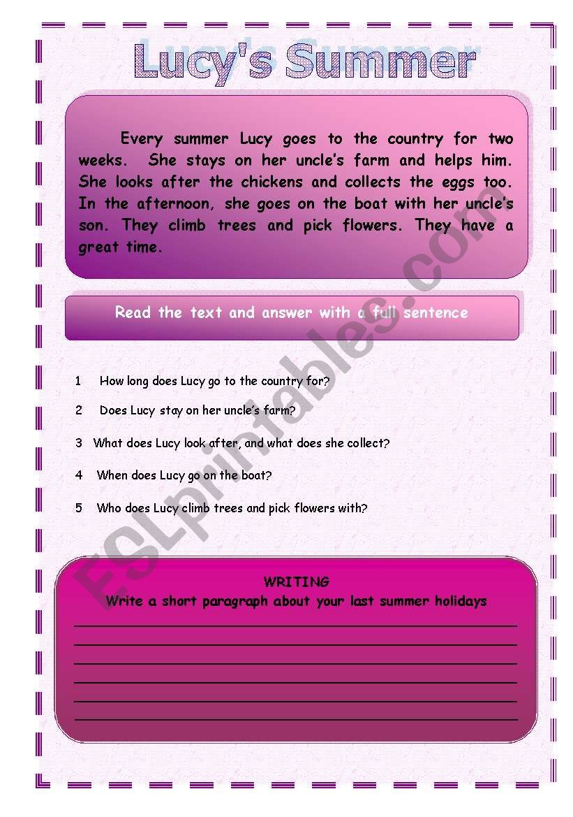 Reading : Lucys summer worksheet