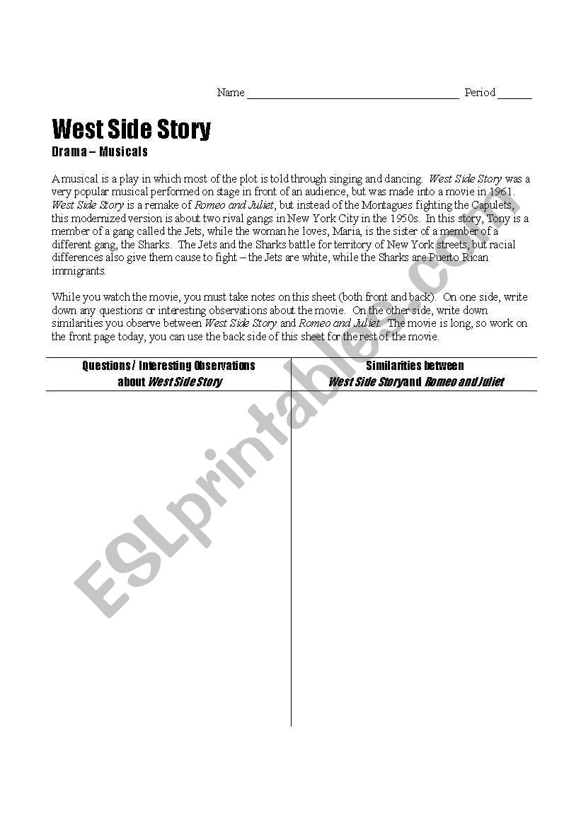 West Side Story viewing guide worksheet